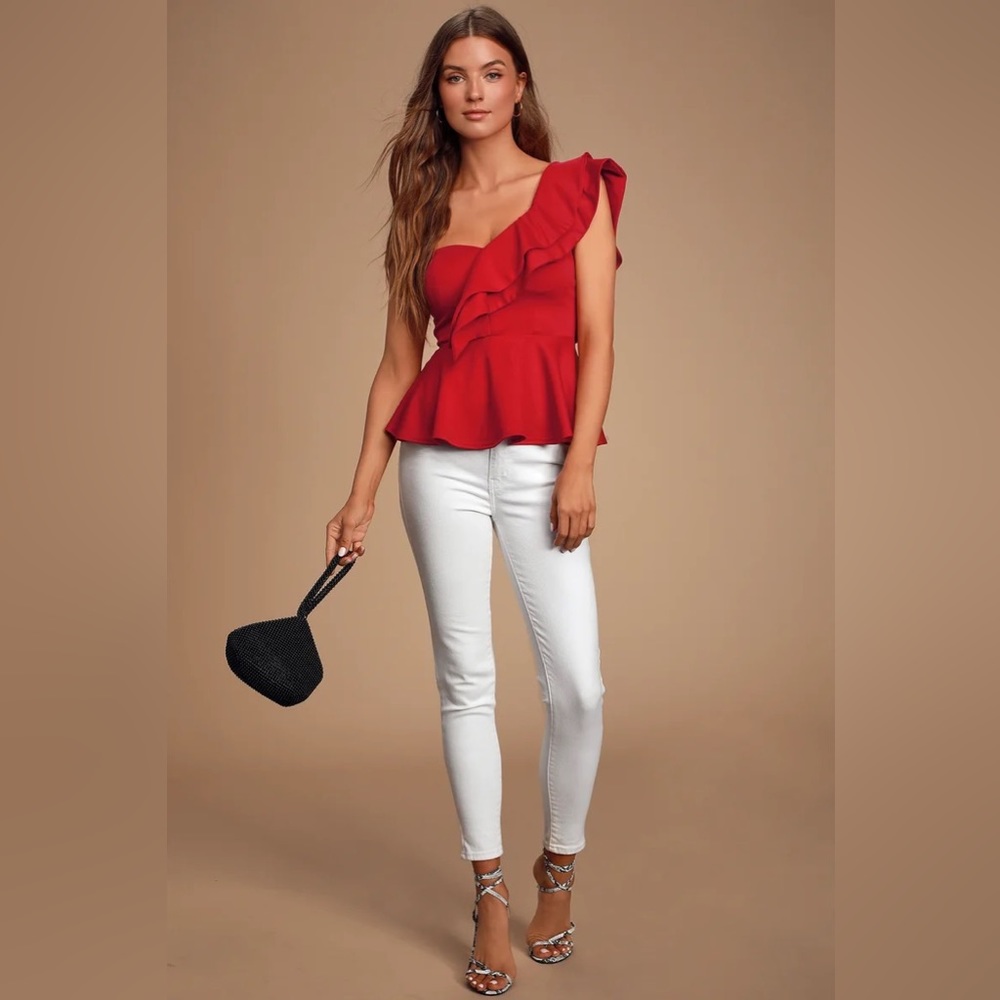 Lulus Red One Shoulder Ruffled Peplum Top